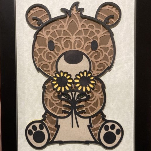 Brown bear with flowers- layered art, close up