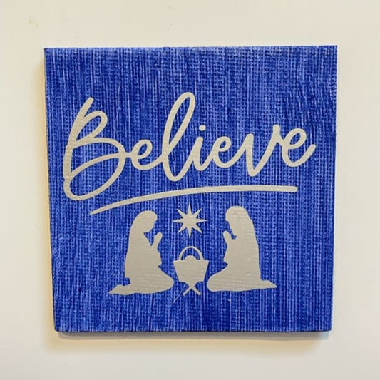 Believe, nativity magnet, 3" square