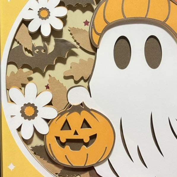 Trick or Treating Ghost, Layered Art Shadow Box, close up