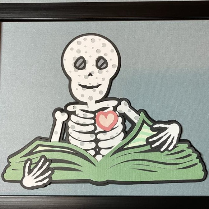 Skeleton Reading, Layered Art, Multiple Options, green book with blue/gray background