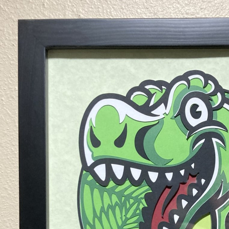 T-Rex, layered art, 8x8, close up