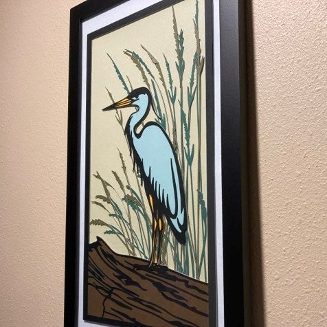 Blue Heron, Framed 8"x14" Layered Art from angle