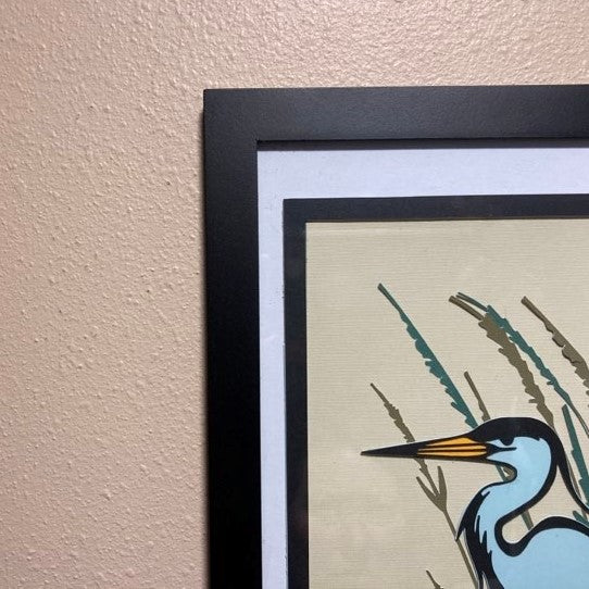 Blue Heron, Framed 8"x14" Layered Art, close up of frame 