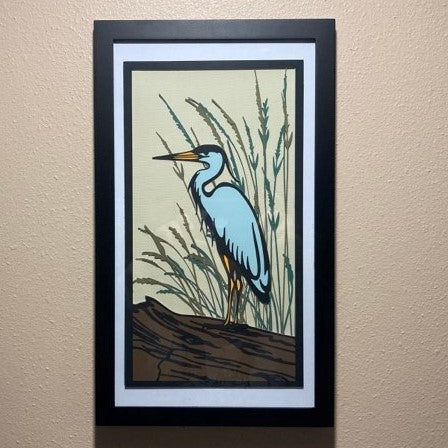Blue Heron, Framed 8"x14" Layered Art on wall