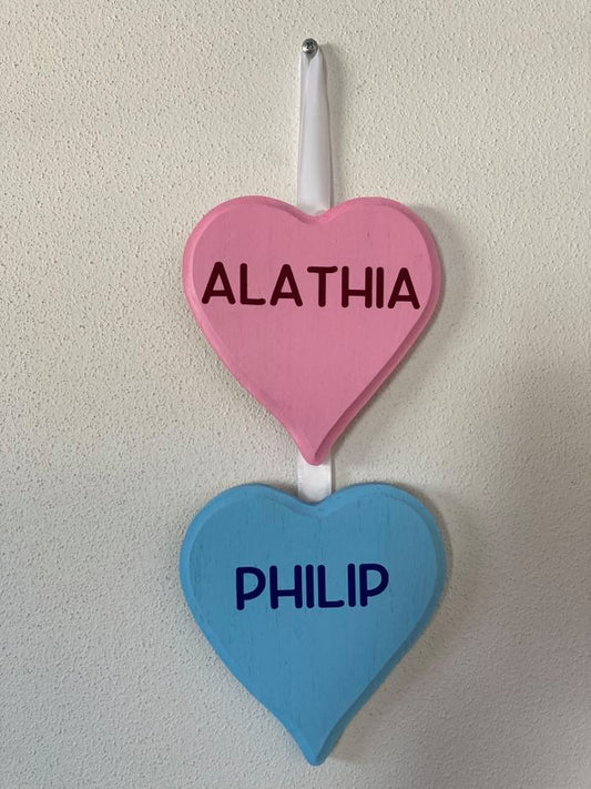 Personalized Candy Heart String, 2 hearts, Wood