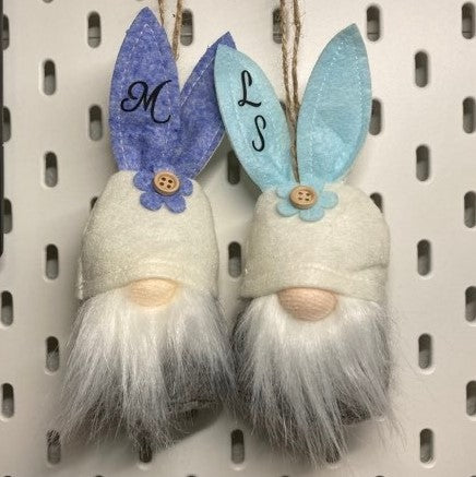 Personalized Hanging gnomes with bunny ears, lavender and light blue