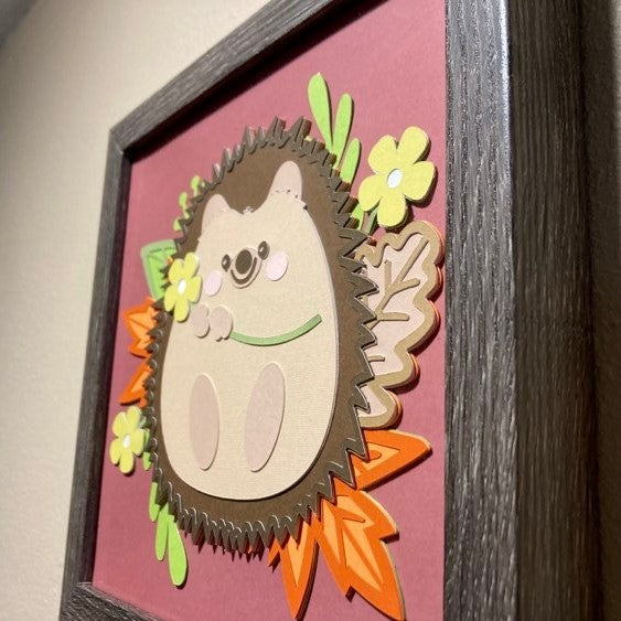 Hedgehog with leaves and flowers, Layered Art Shadow Box