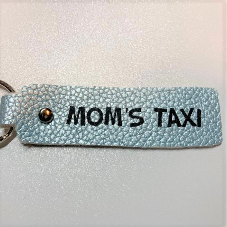 Parent Themed Key fobs, Faux Leather, Mom's Taxi light blue/black
