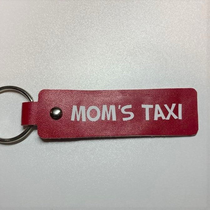 Parent Themed Key fobs, Faux Leather, Mom's Taxi red/white