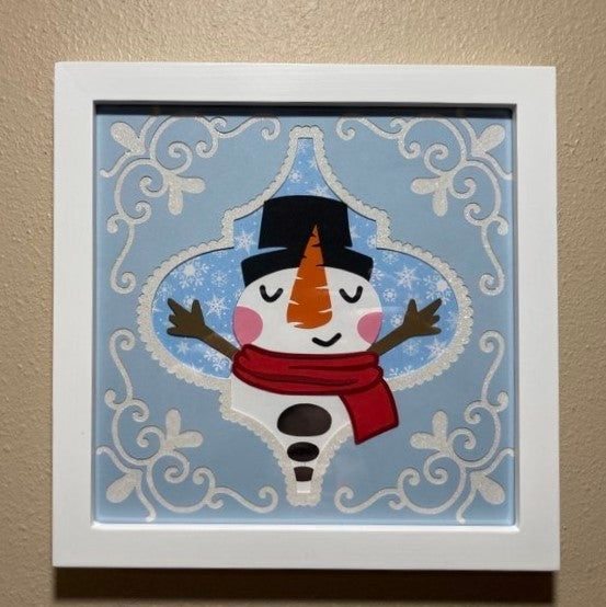 Layered snowman, framed 8"x8"