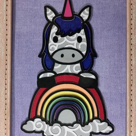 unicorn with rainbow, layered art, close up