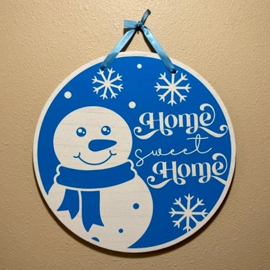 Home Sweet Home Snowman, Round Winter Sign