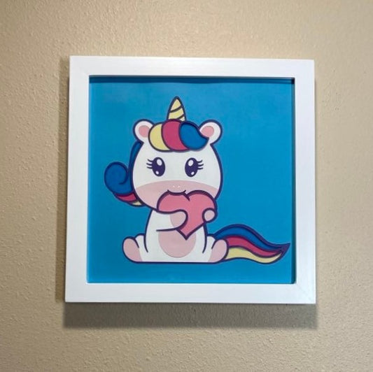 Layered Unicorn with heart, framed 8"x8"