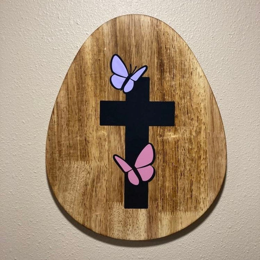 Egg Shaped Wood Easter Sign with cross