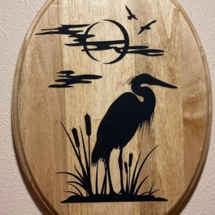 Heron Scene, wood sign with routed edges, closeup